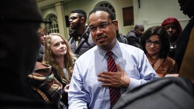 US politician Keith Ellison meets supporters after a town hall meeting in Detroit, Michigan. Sarah Rice / Getty Images