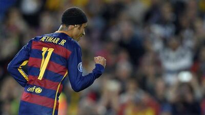 Barcelona’s Neymar celebrates after scoring against Bate Borisov in his team’s Champions League win on Wednesday night at the Camp Nou. Lluis Gene / AFP