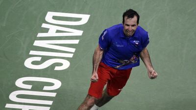 Radek Stepanek reacts after winning his Davis Cup final match for Czech Republic against Dusan Lajovic of Serbia in Belgrade on Sunday. Andrej Kucic / EPA