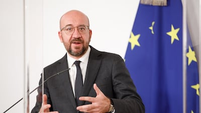 European Council President Charles Michel speaks during a joint press statement with Austrian Chancellor Sebastian Kurz (unseen) at the Austrian Chancellery in Vienna, Austria, November 9, 2020. EPA