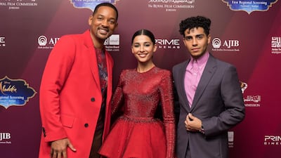 Will Smith, Naomi Scott and Mena Massoud attend the VIP screening of 'Aladdin' on May 13. Getty Images