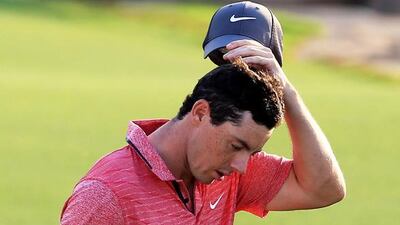 Rory McIlroy of Northern Ireland makes his disappointment known during the third round of the World Tour Championship. Yoshua Arias / EPA