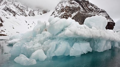 Glacier ice lasts throughout the summer and changes colour due to density. Photo by Rosemary Behan