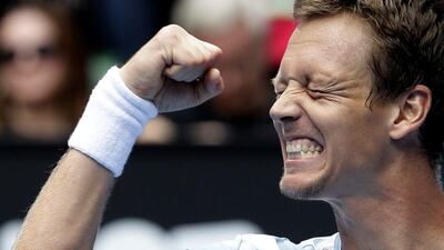 Tomas Berdych celebrates after beating Rafael Nadal on Tuesday to reach the Australian Open semi-finals. Narendra Shrestha / EPA