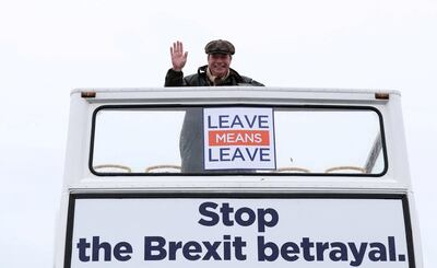 Pro-Brexit politician Nigel Farage leads a march from Sunderland to London in March 2019. Reuters