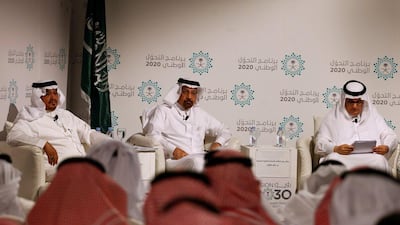 Abdul Rahman Al-Fadli, Saudi minister of water, environment and agriculture, Khalid Al Falih, Saudi energy minister (centre) and minister of Hajj and Umrah Mohammad Benten attend a news conference announcing the kingdom's National Transformation Plan, in Jeddah, Saudi Arabia June 7, 2016. Faisal Al Nasser / Reuters
