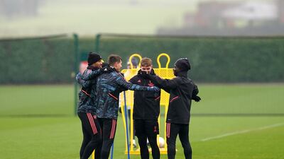Arsenal's Emile Smith Rowe and Bukayo Saka train on Wednesday. PA