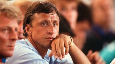 Johan Cruyff during Barcelona's Champions League match against Viking Stavanger at the Camp Nou in 1992. Getty
