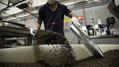 Workers pack roasted coffee at the Coffee Planet roastery warehouse in Jebel Ali. Jaime Puebla / The National Newspaper