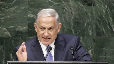 Israeli premier Benjamin Netanyahu speaks at the 69th session of the United Nations General Assembly in New York on Monday. Seth Wenig / AP Photo
