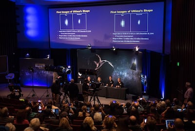 People attending a press conference prior to the fly-by of Ultima Thule by the New Horizons spacecraft, in Laurel, Maryland, 31 December 2018. EPA