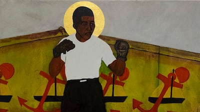 The painting 'St Madiba', 2019, by the British-Ghanaian artist Godfried Donkor, on sale at Gallery 1957's presentation at the 1-54 African art fair in London. Gallery 1957 sold out its entire both. Photo: 1-54