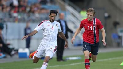 The UAE’s Habib Fardan, left, breaks away from Yann-Erik de Lanlay of Norway during their international friendly on Friday night. Courtesy UAE FA