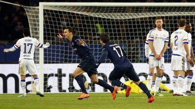 PSG's Zlatan Ibrahimovic, second left, celebrates after scoring the opening goal against Chelsea during their Champions League round of 16, first leg match.(AP Photo/Francois Mori, file)