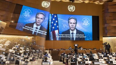 US Secretary of State Antony Blinken delivers a speech to the UN Human Rights Council in Geneva. EPA