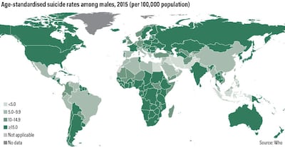 A graphic showing the age-standardised suicide rate among males, 2015.