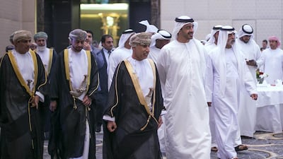 Minister of Foreign Affairs and International Cooperation, Sheikh Abdullah bin Zayed, and Sheikh Nahyan bin Mubarak, Minister of Culture and Knowledge Development, at the Omani 46th national day event in Abu Dhabi. Mona Al Marzooqi / The National