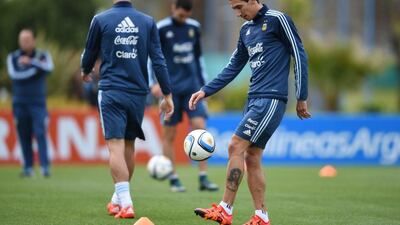 Argentina's Angel Di Maria shown at the team's training session on Tuesday ahead of their 2018 World Cup qualifying match on Thursday in Buenos Aires. Eitan Abramovich / AFP