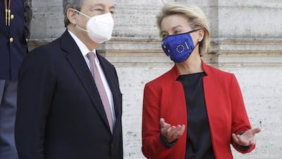 Italian Prime Minister Mario Draghi and European Commission chief Ursula von der Leyen at the Rome summit. Bloomberg