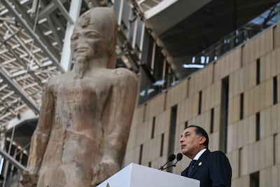 Egyptian Prime Minister Mostafa Madbouly (right) speaks during a press conference ahead of the opening ceremony of the Grand Egyptian Museum in Giza, Egypt on November 1. EPA