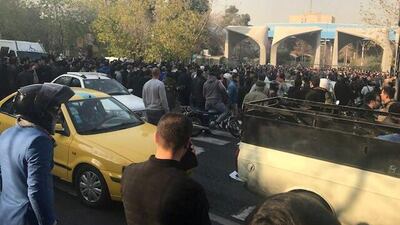 People protest near the University of Tehran, Iran on December 30, 2017 in this picture obtained from social media. Reuters