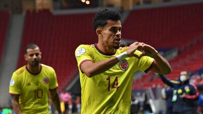 Colombia's Luis Diaz celebrates after scoring against Argentina.