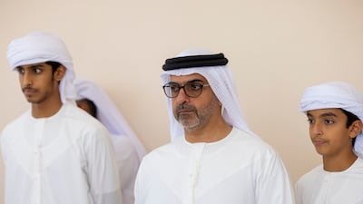 Sheikh Hamed bin Zayed, Sheikh Saif bin Hamed bin Zayed, and Sheikh Zayed bin Hamed bin Zayed, attend condolences for the passing of Sheikh Tahnoon bin Mohammed, Ruler's Representative in Al Ain Region, at Al Mushrif Palace. Ryan Carter / UAE Presidential Court