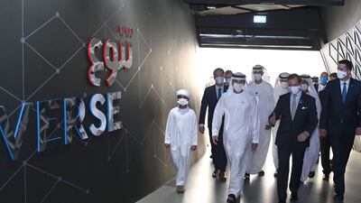 Sheikh Hamdan bin Mohammed, Crown Prince of Dubai, tours the Luxembourg pavilion at Expo 2020 Dubai with Prince Guillaume, Hereditary Grand Duke of Luxembourg