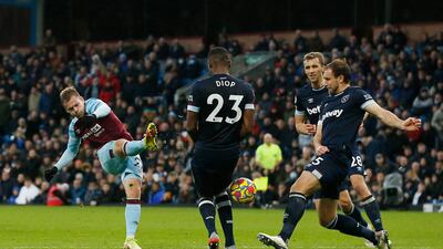 Burnley's Matej Vydra takes a shot on goal. AFP