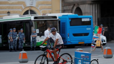 Portuguese cyclist Helder Batista arrived by bike in Russia's capital to attend the World Cup. Tatyana Makeyeva / Reuters