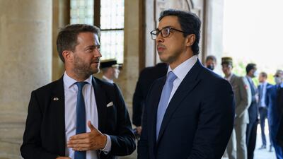 Sheikh Mansour bin Zayed, UAE Deputy Prime Minister and Minister of the Presidential Court, attends a reception at the Army Museum. Seen with Xavier Chatel, French ambassador to the UAE. Photo: Presidential Court