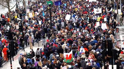 Protesters make their way along the Embankment towards Hyde Park
