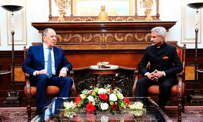Indian Foreign Minister Subrahmanyam Jaishankar, right, and his Russian counterpart Sergey Lavrov at a meeting in New Delhi. AP