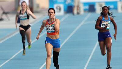 Kimberly Alkemade of Netherlands (C) in action during the Women's 200m T64 final at the World Para Athletics Championships in Dubai, United Arab Emirates. EPA