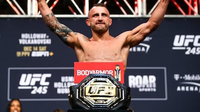 Alexander Volkanovski poses during the weigh-in event ahead of his fight against Max Holloway in UFC 245 in Las Vegas