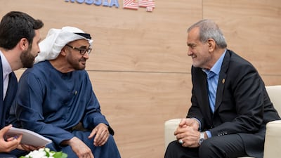 Sheikh Mohamed with Iranian President Masoud Pezeshkian. Photo: UAE Presidential Court