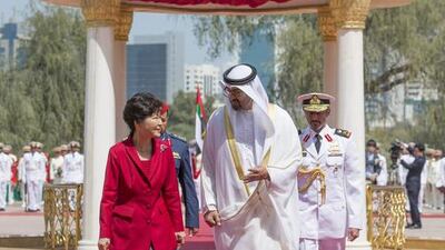 Sheikh Mohammed bin Zayed, Crown Prince of Abu Dhabi and Deputy Supreme Commander of the UAE Armed Forces yesterday met and held talks with South Korean president Park Geun-hye, who is on an official visit to the country. Ryan Carter / Crown Prince Court – Abu Dhabi