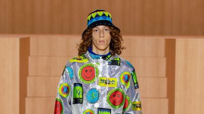 A coat covered in club-era smiley faces at Louis Vuitton. Courtesy Louis Vuitton