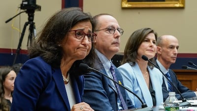 Columbia University president Nemat Shafik, left, and other university leaders attend the House committee hearing about on-campus hate. AFP