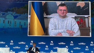 Dmytro Kuleba, Ukraine's Foreign Minister, addresses the conference from Kyiv by video link. Nick Webster / The National