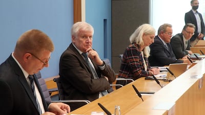 German Interior Minister Horst Seehofer looks on during the presentation of the report on far-right extremism in the police force, in Berlin on October 6, 2020. AFP