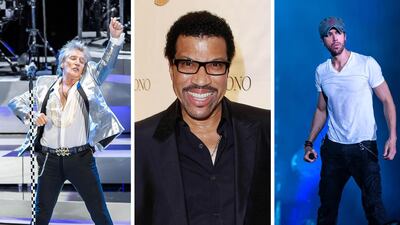 From left: Rod Stewart, Lionel Richie and Enrique Iglesias have all been confirmed for the Winter at Tantora festival line up in Al Ula, Saudi Arabia. AP, Getty Images
