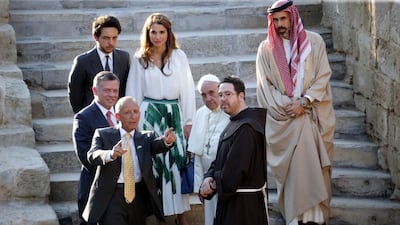 Pope Francis, third from right, with King Abdullah II of Jordan, centre-left, and Queen Rani, top-centre, as they visit Bethany, a site on the eastern bank of the River Jordan. Sami Khahman/AFP Photo