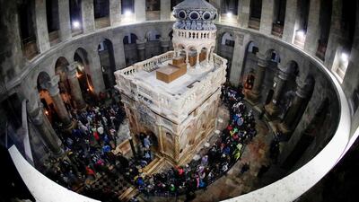 At the Church of the Holy Sepulchre in the Old City of Jerusalem, the newly restored Edicule of the Tomb of Jesus - where his body is believed to have been laid) - was unveiled on March 22, 2017, nine months after renovation works began. Thomas Coex/AFP