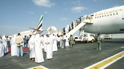 Guests board the first flight. It took off from Dubai to Karachi on October 25, 1985. Photo: Emirates