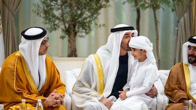 President Sheikh Mohamed receives a guest at the Eid Al Adha reception at Mushrif Palace. Photo: UAE Presidential Court