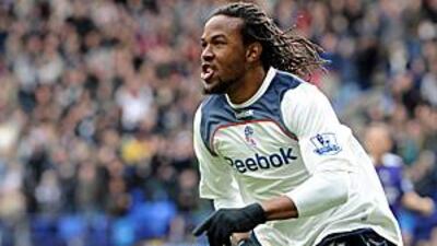 Ricardo Gardner reels away after scoring for Bolton.