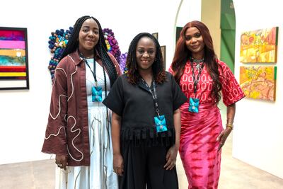 From left, Nicole Asinugo, director of The Osahon Okunbo Foundation; Tola Akerele, curator of Nigeria spotlight; and Sosa Omorogbe, founder of The 1897 Gallery. Victor Besa / The National