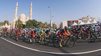 The peloton ride past the Jumeirah Mosque during stage one of the Dubai Tour from the Dubai International Marine Club to Union House Flag on February 4, 2015 in Dubai. Bryn Lennon/Getty Images