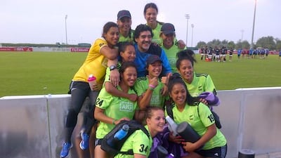 Diego Maradona gets a warm welcome from the New Zealand women's sevens team. Pic courtesy of Wayne Marsters